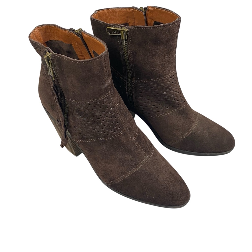 Lucky Brand Ramses Java Brown Suede Booties Dual Side Zips Size 9 Perforated